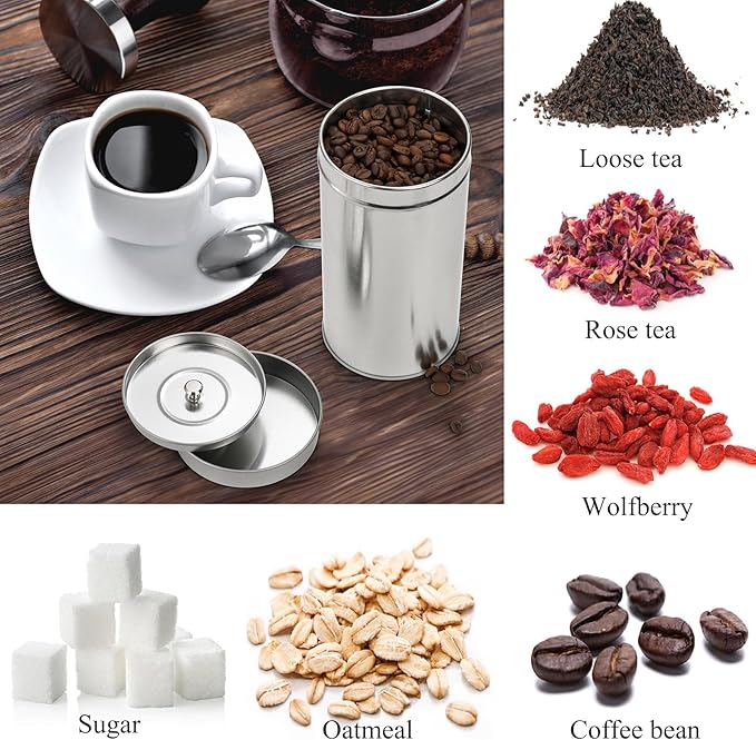 Yesland 8 Pack Tea Tin Canister with Airtight Double Lids, 32 Fluid oz Tea Storage Organizer Tin Can Box Round Loose Leaf Tea Kitchen Canisters for Coffee, Candy, Herbs and Spices(Silver)