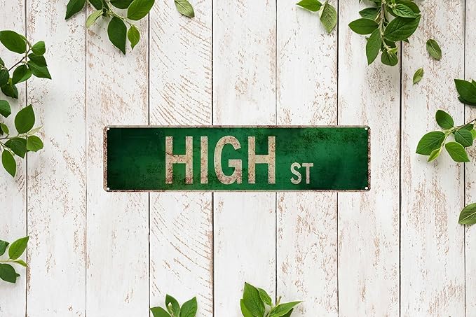 High St Metal Sign 4x16in Classic Street Plaque for Farmhouse Garage Kitchen Home Office Wall Decor Accessories