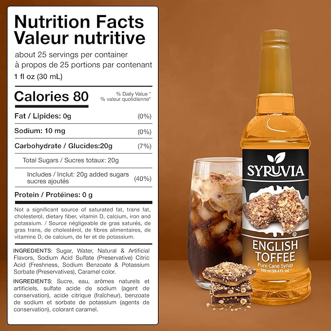 Syruvia Coffee Syrup, English Toffee Flavored Syrup for Drinks, Lattes, and Desserts – 25.4 fl oz, With Pump