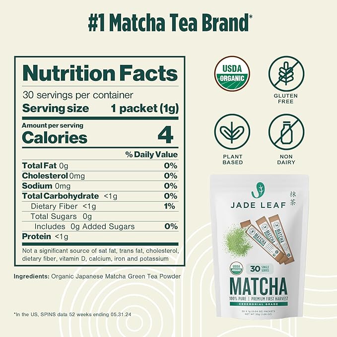 Jade Leaf Matcha Organic Ceremonial Grade Matcha Green Tea Powder On The Go Packets - Convenient For Lattes, Smoothies, Usucha, 30 Count (0.04 Ounce Packets)
