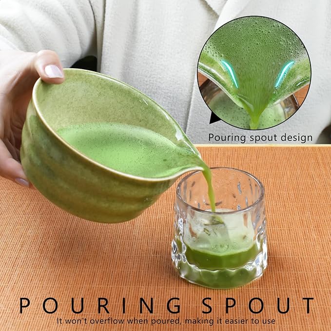 Artcome 4-Piece Matcha Tea Set - Complete Japanese Ceremony Kit with Bowl, Whisk, Whisk Holder, Scoop & Guide, Mottled Green