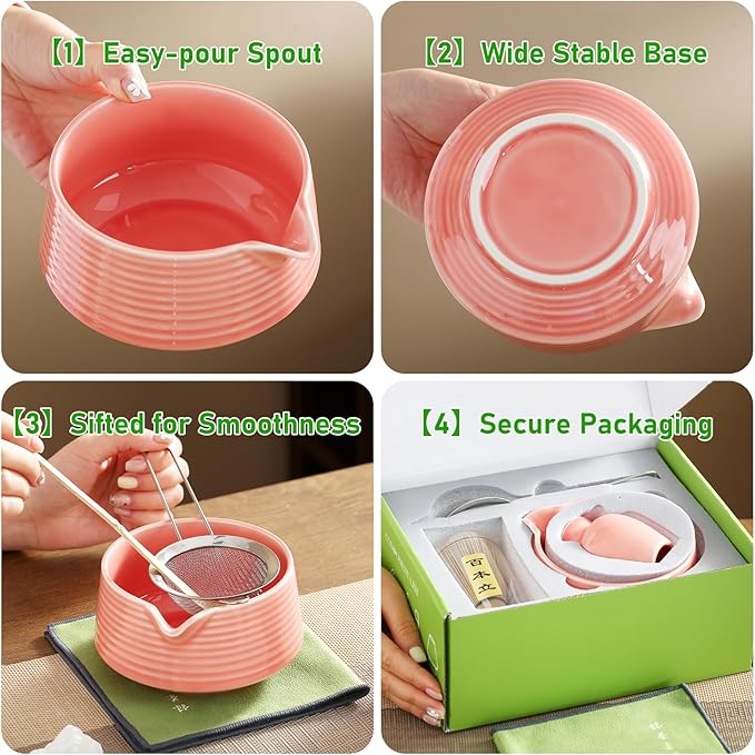 Matcha Whisk Set, Ceramic Matcha Bowl with Spout, Bamboo Whisk, Scoop, Sifter, Holder, Tea Towel, 7-Piece Matcha Kit for Making Breakfast/Latte, Square Pink, Large