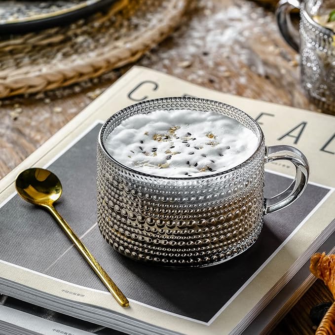 Gezzeny Vintage Glass Coffee Mugs 14 Oz Set of 2 Gray Embossed Tea Cups for Cappuccino, Latte,Cereal, Yogurt, Beverage Hot/Cold Mother's Father's Day Gifts