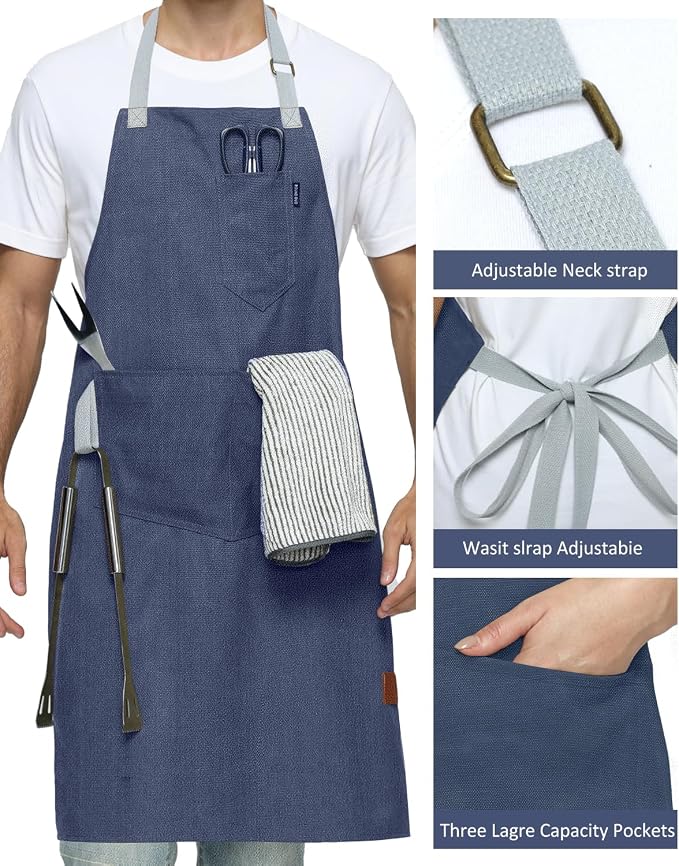 Chef Apron w/Pockets, Adjustable Strap for Cooking & Gardening | Equipped with 3 Large Multi-use Pockets, Wear-Resistant Fabric, Easy Clean, Ideal for BBQ Baking Craft for Men Women - Image 2