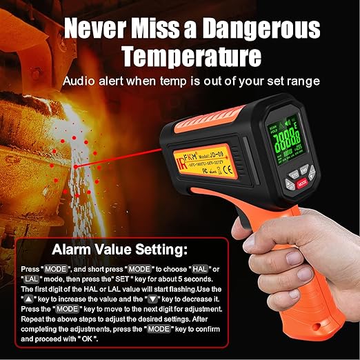 50:1-58°F ~3272°F FKM Infrared Thermometer High Temperature Gun,Non Contact Digital IR Temp Gun,High Precision Laser Thermometer Gun for Cooking,Kilns,Forges,Engine,HVAC,Industrial and Home Repair