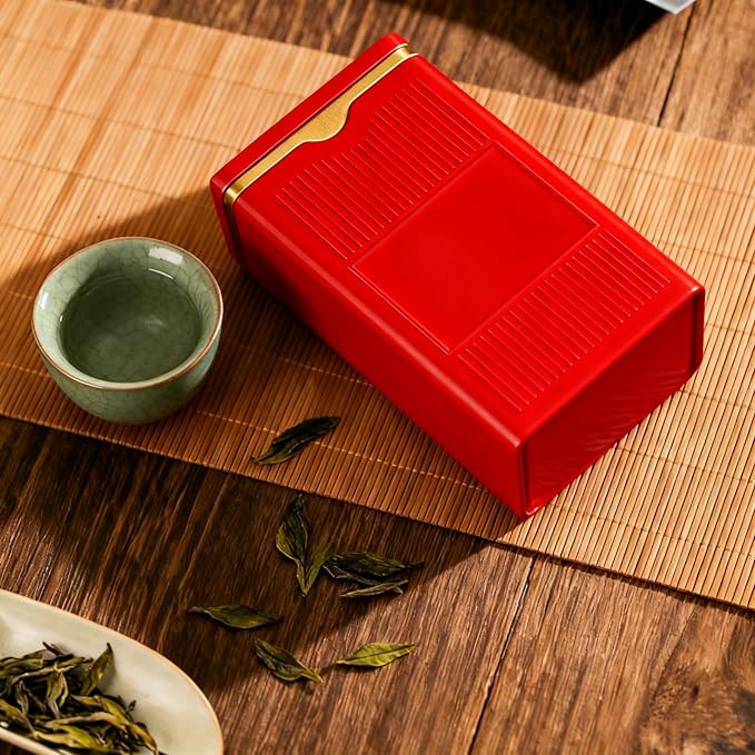 HAN SHENG Square Airtight Tea Tins - Red, Food Storage Containers for Loose Tea, Coffee, Spices (5.9"x3.4"x2.8")