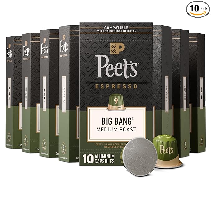 Peet's Coffee, Medium Roast Espresso Capsules, Compatible with Nespresso Original Machines, 100% Arabica Coffee - Big Bang, Intensity 9, 100 Count (10 Boxes of 10 Espresso Capsules)