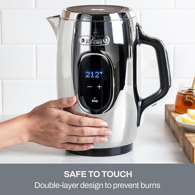 All-Clad Stainless Steel Kettle 1.5 Liter Keep Warm Function 1500 Watts Adjustable Temperature, Safe to Touch, Fast Boiling, Silver