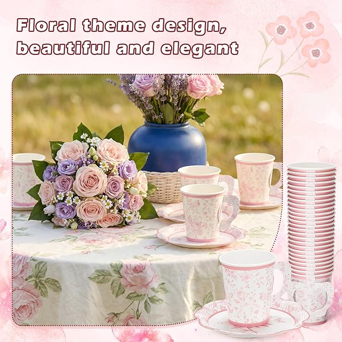 100 Sets Pink Floral Paper Tea Cups and Saucers Disposable Paper Tea Party Supplies 9 oz Cups with Handle and Saucer for Birthday Wedding Party Decorations