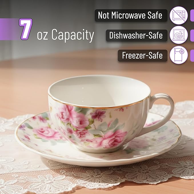 BTaT- Floral Tea Cups and Saucers, Set of 6, 7 oz, Fine Porcelain Teacup Set with Gold Trim for Afternoon Tea, Weddings, Parties & Gifting, Dishwasher Safe and Freezer Safe
