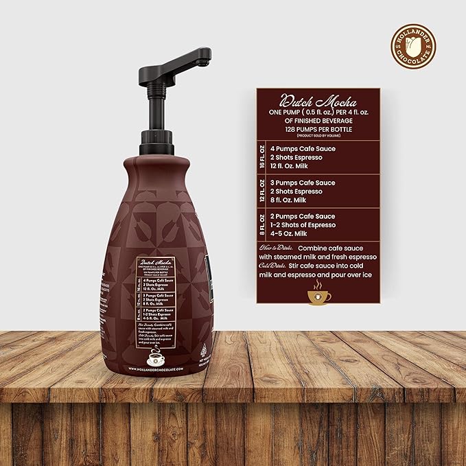 Dutched Chocolate Café Sauce™ by Hollander Chocolate Co. | Perfect for the Professional or Home Barista | Rainforest Alliance Certified | Net Wt. 89 oz (64 fl. Oz.) Large Bottle (PUMP Included)