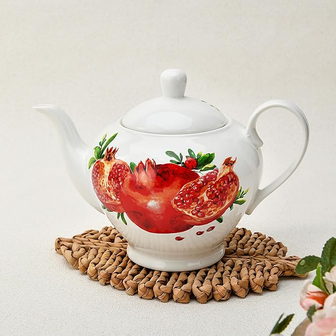 Porcelain Teapot 40 oz. Microwave & Dishwasher Safe Tea Pots for Tea, Pots for Women Gift (Sweet Pomegranate)