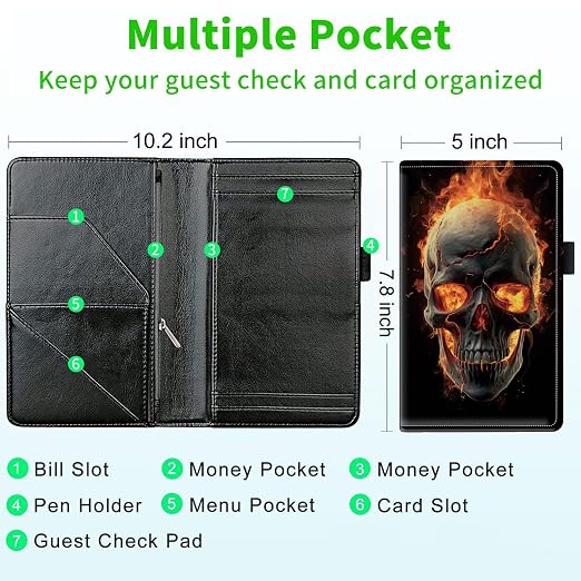 Server Books for Waitress, with 7 Large Pockets, Waiter Serving Book, Waitstaff Server Order Pads, Cute PU Leather Server Book with Pen Holder Fit Server Apron, Fire Skull - Image 3