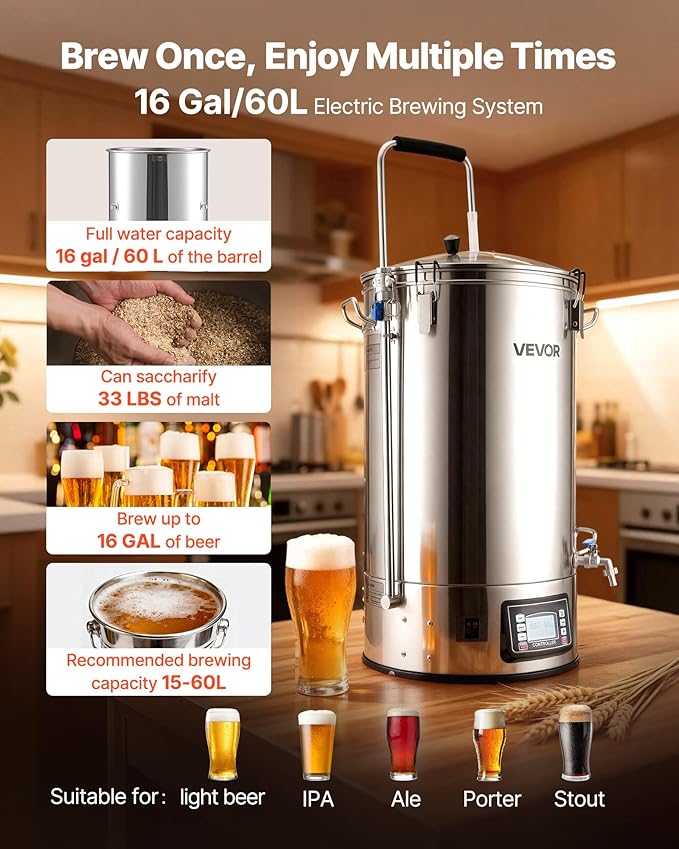 VEVOR Beer Brewing Equipment, 16 Gal/60L Beer Maker with Anti-Burn Pump and Wort Chiller,3000W All-in-One Home Brewing Kit with Digital Control, Recipe Memory & Timer, Removable mesh strainer