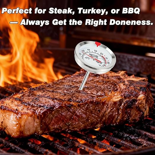 Meat Thermometer for Oven, Analog Leave-in with Adjustable Red Target Indicator, 2-Inch Dial with Meat Icons, 4.3-Inch 304 Stainless Steel Probe, 40-220°F for Beef Poultry Pork Lamb Seafood