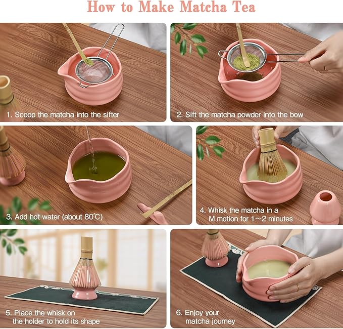 Matcha Whisk Set: 7 Pcs Ceramic Matcha Set with Bowl, Whisk, Holder, Scoop, Sifter, Rest & Towel – Japanese Matcha Kit Gift (Sakura Pink)