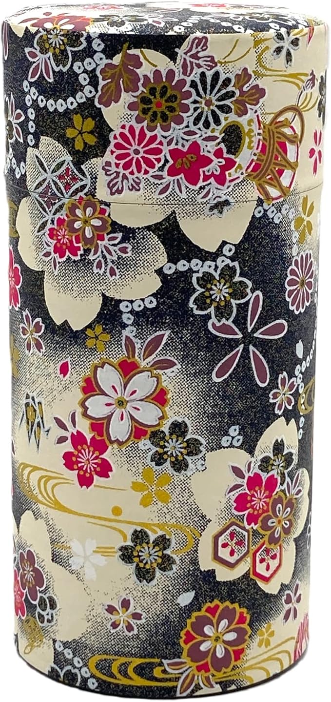 Japanese Tea Canister Tin Hanatsudumi(Flower Drum) DarkBlue black/Double Lid/Japanese Washi Paper Pasted /200g Tea Capacity/Loose Leaf Tea Storage/Storage Container with Lid