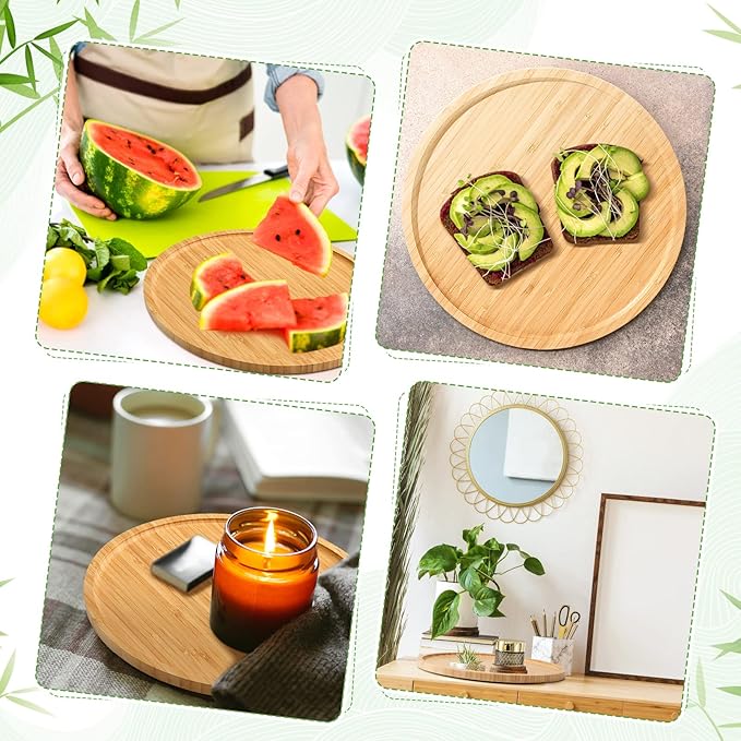 Meanplan Bamboo Tray - 5 Pcs Wood Plates, Round Charcuterie Board & Serving Platter with Rim for Kitchen, Fruit, Bread, Salad, Coffee Table, Home, Hotel, Restaurant (8 Inch)