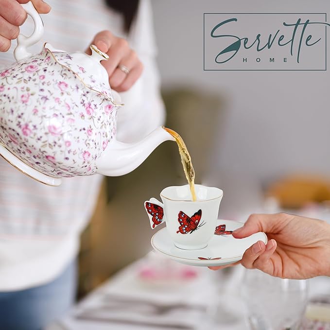 Servette Home Cup and Saucer Set - Mini Coffee Mug with Plate Tea Set - Ceramic Butterfly Design