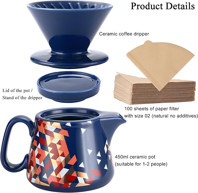 Pour Over Coffee Maker, Ceramic Coffee dripper with 100 pcs Paper Filter, Ceramic coffee Server with Lid, 15.5oz/450 ml, Suitable for 1-2 people (Blue)