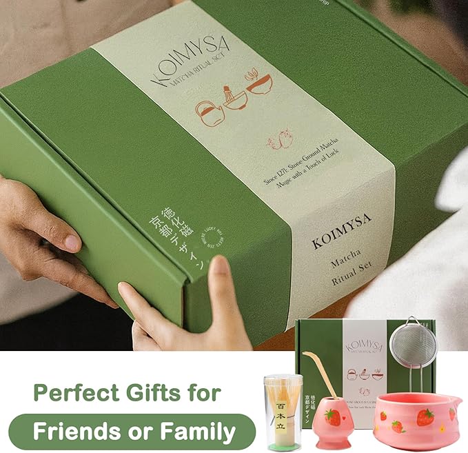Pink Strawberry Matcha Set Whisk And Ceremony Bowl, 5 Pcs Ceramic Traditional Matcha Making Kit Gift Set For Women Friends Tea Lover