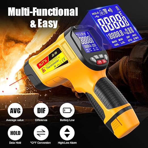 Infrared Thermometer Gun, -58℉ to 3992℉, High Temp Laser Thermometer with Adjustable Emissivity, Non-Contact Digital IR Pyrometer for Furnace, Kiln, Metal, Industrial Use