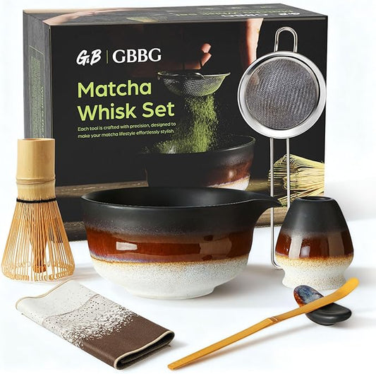 Matcha Whisk Set, Ceramic Matcha Kit Desert Style, Matcha Whisk and Bowl, Bamboo Scoop and Rest, Sifter and Tea Towel, 7 Pcs Gifts for Matcha Lover - Matte Black