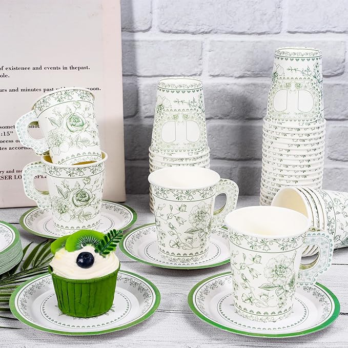 Whaline 80 Pcs Green White Floral Paper Tea Cups and Saucers Porcelain Chinoiserie Flower 9oz Disposable 40 Teacups with Handle and 40 Dessert Plates for Wedding Baby Shower Birthday Spring Tea Party