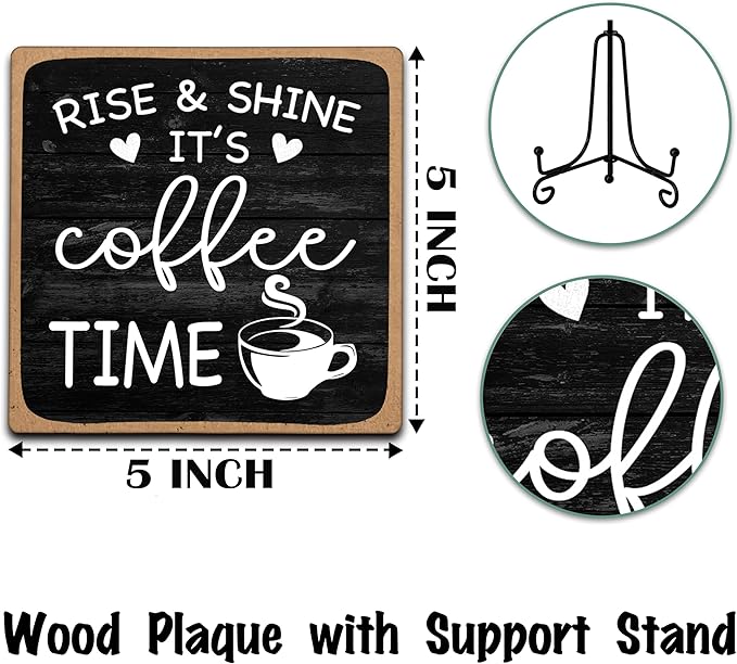 Farmhouse Coffee Bar Sign, Rise & Shine It's Coffee Time, 5"x5" Wood Plaque with Stand Gift for Home Kitchen Tabletop Decor -B09