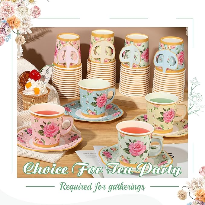 Umigy 60 Sets Tea Party Decorations 6.5 oz Floral Paper Tea Cups with Handle and Plates Disposable Blossom Teacups and Saucers Sets for Girls Kids Birthday Garden Wedding Party Supplies(Multicolor)