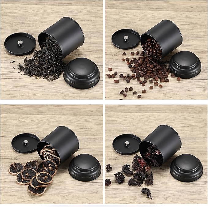 JUXYES 12 Pack Tea Tins Canister with Airtight Double Lids, 8 fl oz Loose Leaf Tea Storage Airtight Kitchen Canisters Tins Can Box for Storage Loose Tea Coffee Herbs and Spices, Black