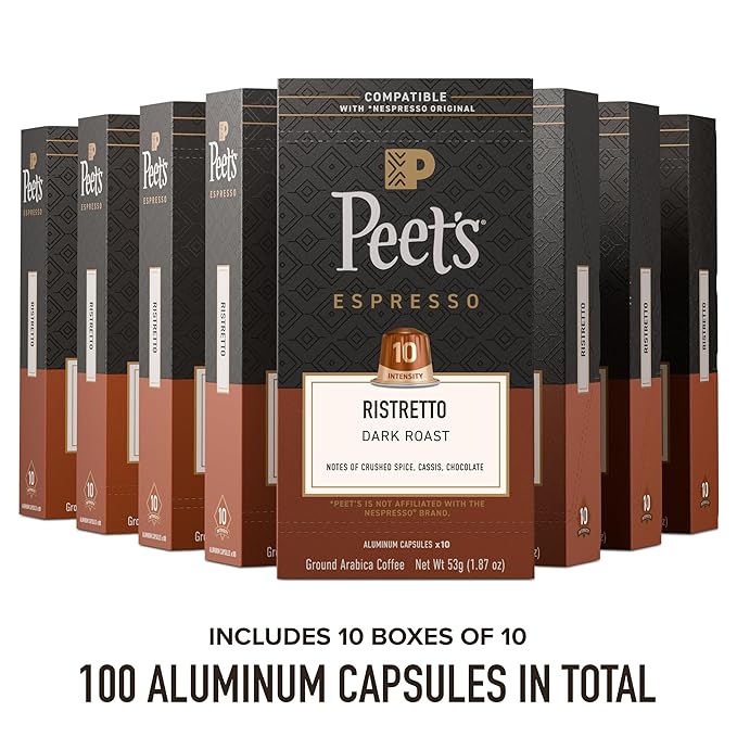 Peet's Coffee, Dark Roast Espresso Capsules, Compatible with Nespresso Original Machine, 100% Arabica Coffee - Ristretto Intensity 10, 100 Count (10 Boxes of 10 Espresso Capsules)