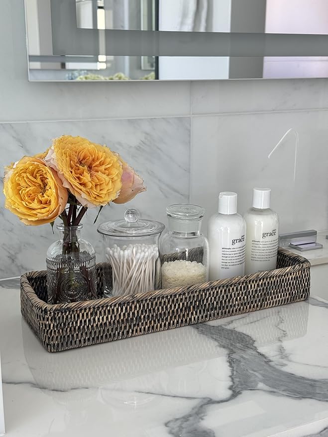 La Jolla Elongated Rattan Vanity Tray (Black-Wash)