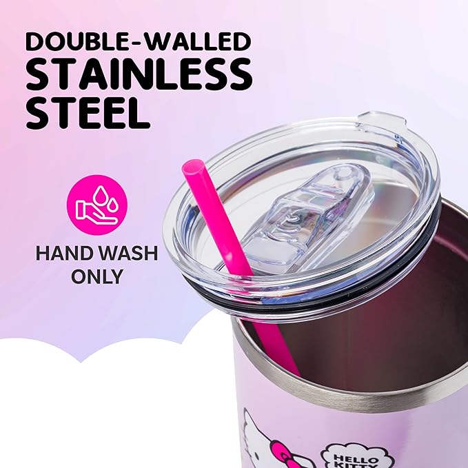 Silver Buffalo Sanrio Hello Kitty Spring and Summer Flowers Rainbow Stripes Double Walled Stainless Steel Tumbler with Handle and Straw, Fits in Standard Cup Holder, 40 Ounces