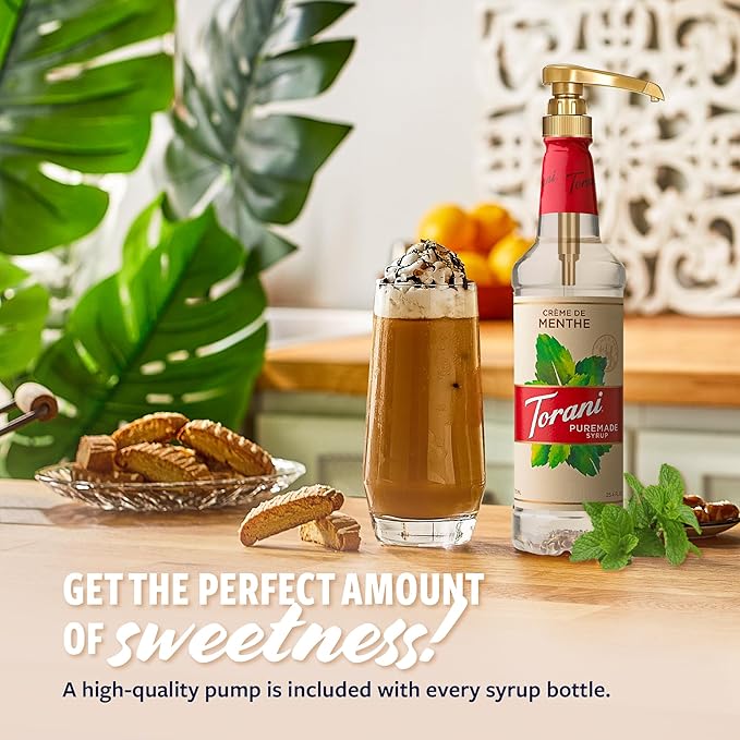 Torani Puremade Syrup, Crème de Menthe Flavoring, Perfect for Lattes, Iced Coffees, and Milkshakes, Pump Included, 25.4 Oz