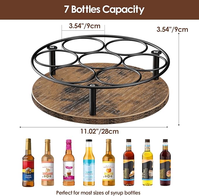 Nuovoware 7 Bottles Rotating Coffee Syrup Rack, Coffee Syrup Rack Organizer Carbon Steel Frame with Wooden Base Bottle Holder for Coffee Flavored Syrups Table Top Thermos Liquor, Black & Brown