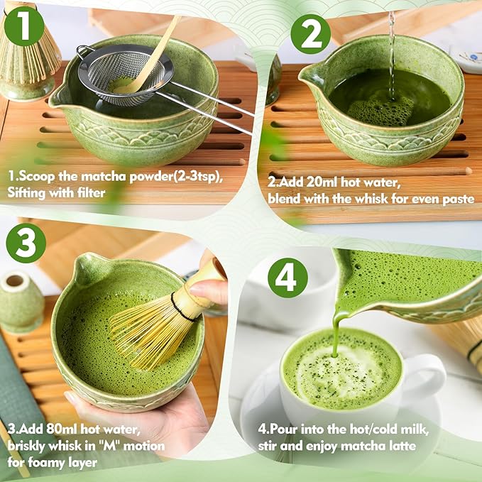 Matcha Whisk Set, ZBUFAN 7 Pcs Green Matcha Kit with Bamboo Whisk(Chasen) and Holder, Ceramic Matcha Bowl with Spout, Japanese Tea Set with Matcha Sifter and Scoop