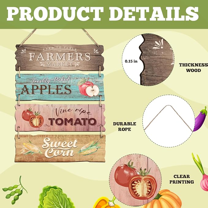 4 Pcs Wooden Signs For Farmers' Markets, Signs For Fresh Food In Farmers' Markets, Kitchen And Cafe Bar Decorations, Wall Decorations Artwork,Rustic Wooden Decorative Gifts-01 - Image 3