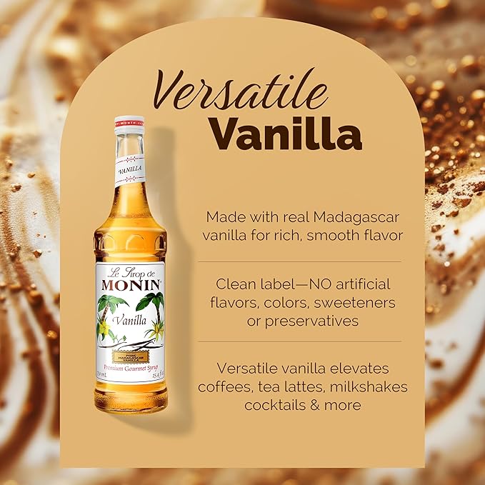 Monin - Vanilla Syrup | Pure & Rare Madagascar Vanilla, Premium Syrup for Coffee, Lattes & More | Clean Label with No Artificial Flavors, No Artificial Preservatives (BPA Free Bottle, 25.4 fl oz)