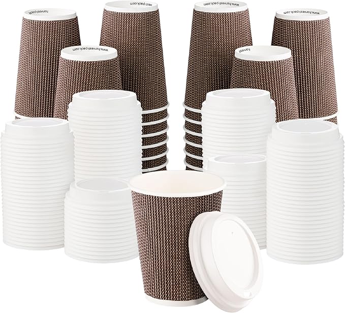 [1000 SET]Harvest Pack 12 oz Disposable Coffee Cups, Insulated Ripple Double-Walled Paper Cups with White Lids, Brown Geometric, Leak-Proof Drinking Cups for Tea Hot Chocolate Drinks To go coffee cups