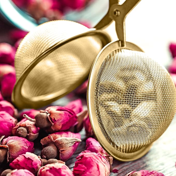 HIC Kitchen Gold Mesh Snap Tea Ball Infuser, Gold-Toned Titanium-Coated Stainless Steel, For Loose Tea, Set of 2