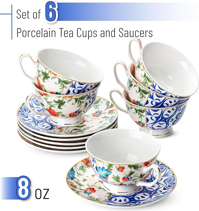 BTaT- Vintage Tea Cups and Saucers Set of 6 (8 oz), Porcelain Tea Cup Sets, Indigo Bloom Floral Design, Dishwasher Safe