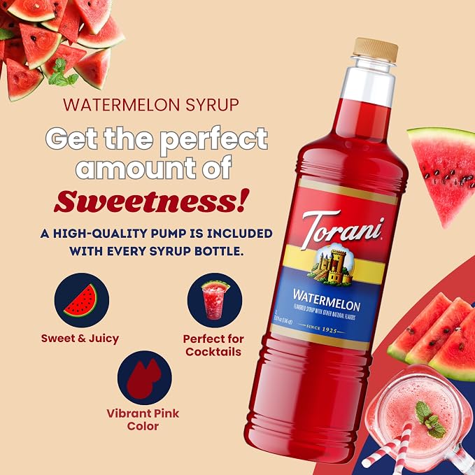 Torani Watermelon Syrup 1 Liter with Pump – Juicy Summer Flavoring for Drinks, Cocktails & Mocktails – Pure Cane Sugar, Natural Flavors, BPA-Free Bottle – Refreshing Beverage Syrup - Image 5