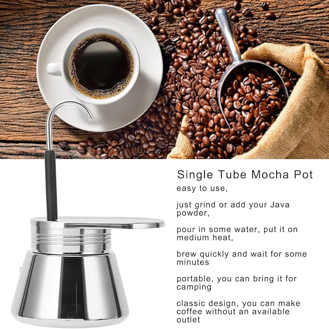 Single Spout Mocha Pot, Stainless Steel Mokapot, Portable Lightweight Stovetop Espresso Maker for Home, Office, Travel, 50ml (50ml)