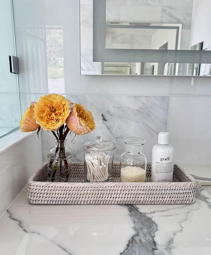 La Jolla Elongated Rattan Vanity Tray (White-Wash)