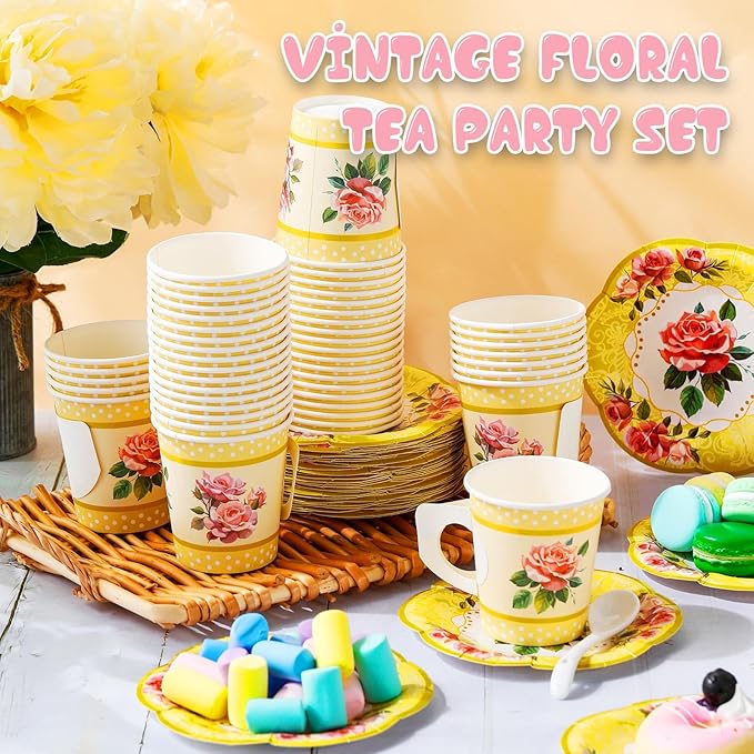 100 Pcs Tea Party Decorations Includes 50 7 oz Paper Tea Cups with Handle 50 Vintage Floral Plates Disposable Tea Cups and Saucers for Wedding Spring Party Birthday Hot Cold Drinks(Yellow)