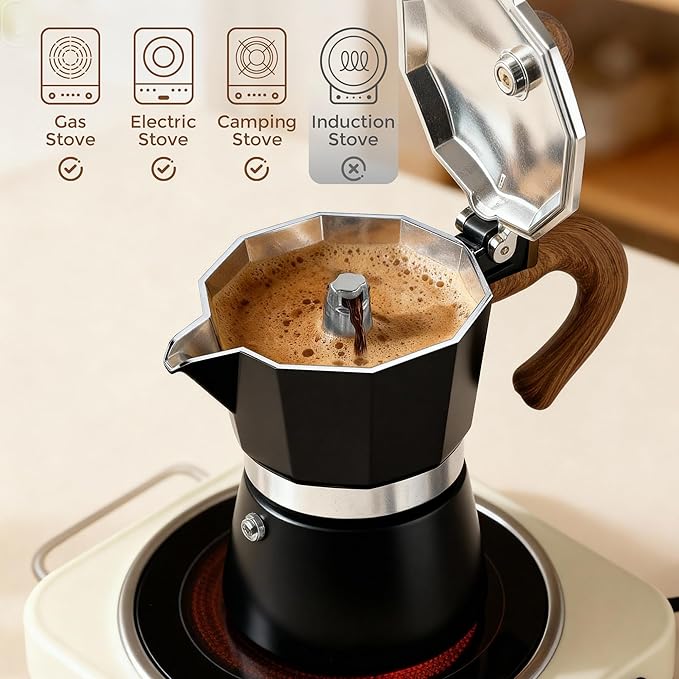 ShanSon Moka Pot Stovetop Espresso Maker 6 Cup 10 oz Italian Coffee Maker Manual Cuban Coffee Percolator Machine Italian Espresso Greca Coffee Maker for Cappuccino or Latte,Black