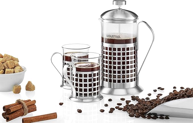 Gourmia GCM9830 French Press Coffee Maker Set 600 ml French Press Coffee Brewer With 2 Matching Stainless Steel Drinking Cups