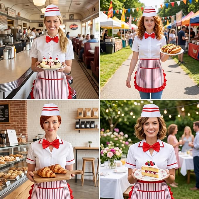 3pcs Soda Jerk Costume, 1950s Waiter Costume Kit, Red And White Striped Apron with Pocket, Adjustable Red Bow Ties, Chef Hat for Retro Party, Diner Role Play - Image 7