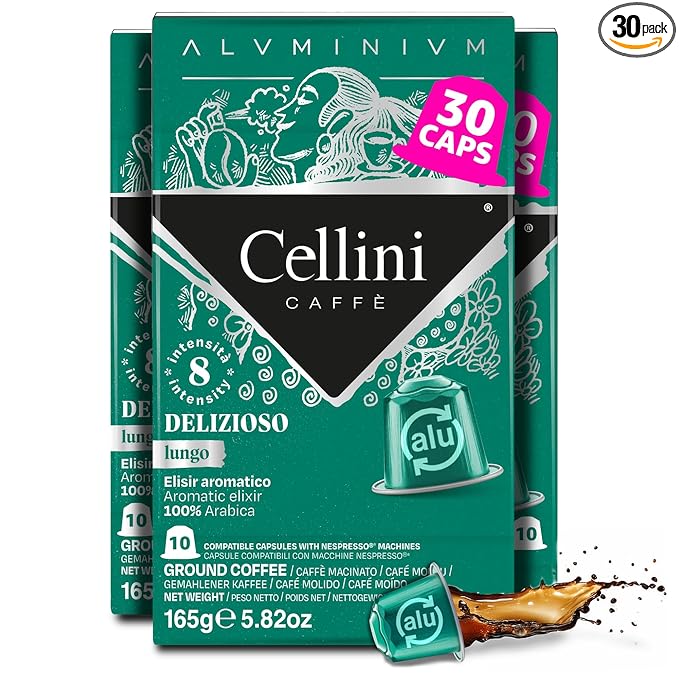 Cellini Caffè Delizioso Lungo Aluminum Nespresso Pods, 30 Count, Medium Roast Coffee Capsules, 100% Nespresso Original Machine Compatible